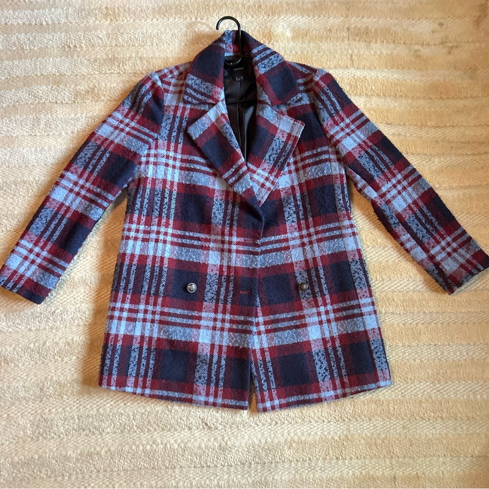 Forever 21 Red and Navy Plaid Pea Coat
